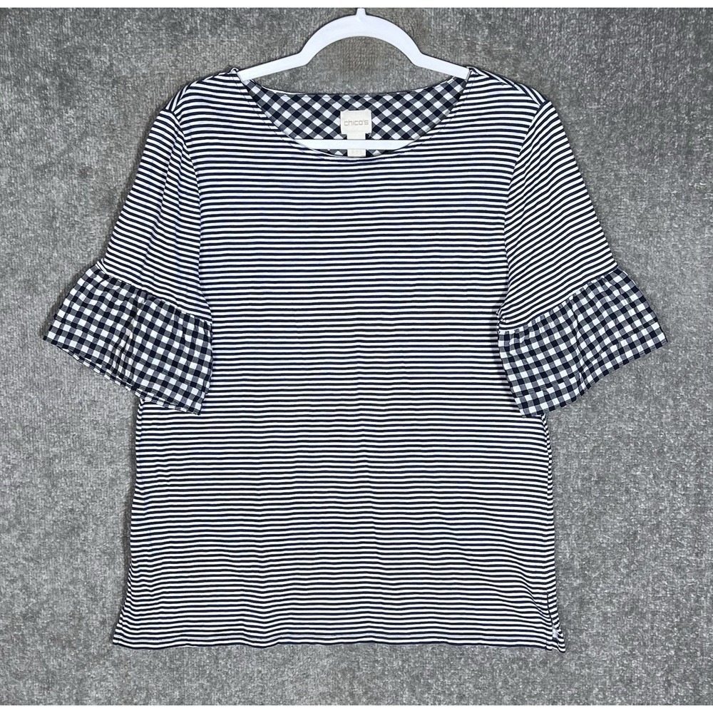 Chicos Top Womens Size 1 US Size 8 White Blue Stripe Gingham Tiered Cuff FLAW